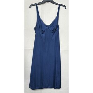 Vassarette Satinessence Lace Trim Full Slip Dress 36F Blue USA Glam Festival Vtg